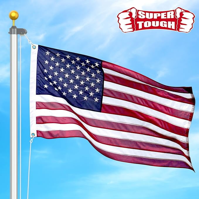 Super Tough 4Ft x 6Ft American Flag - Heavy Duty Polyester USA Flag with Embroidered Stars and Sewn Stripes Suitable for All Weather - Red/White/Blue
