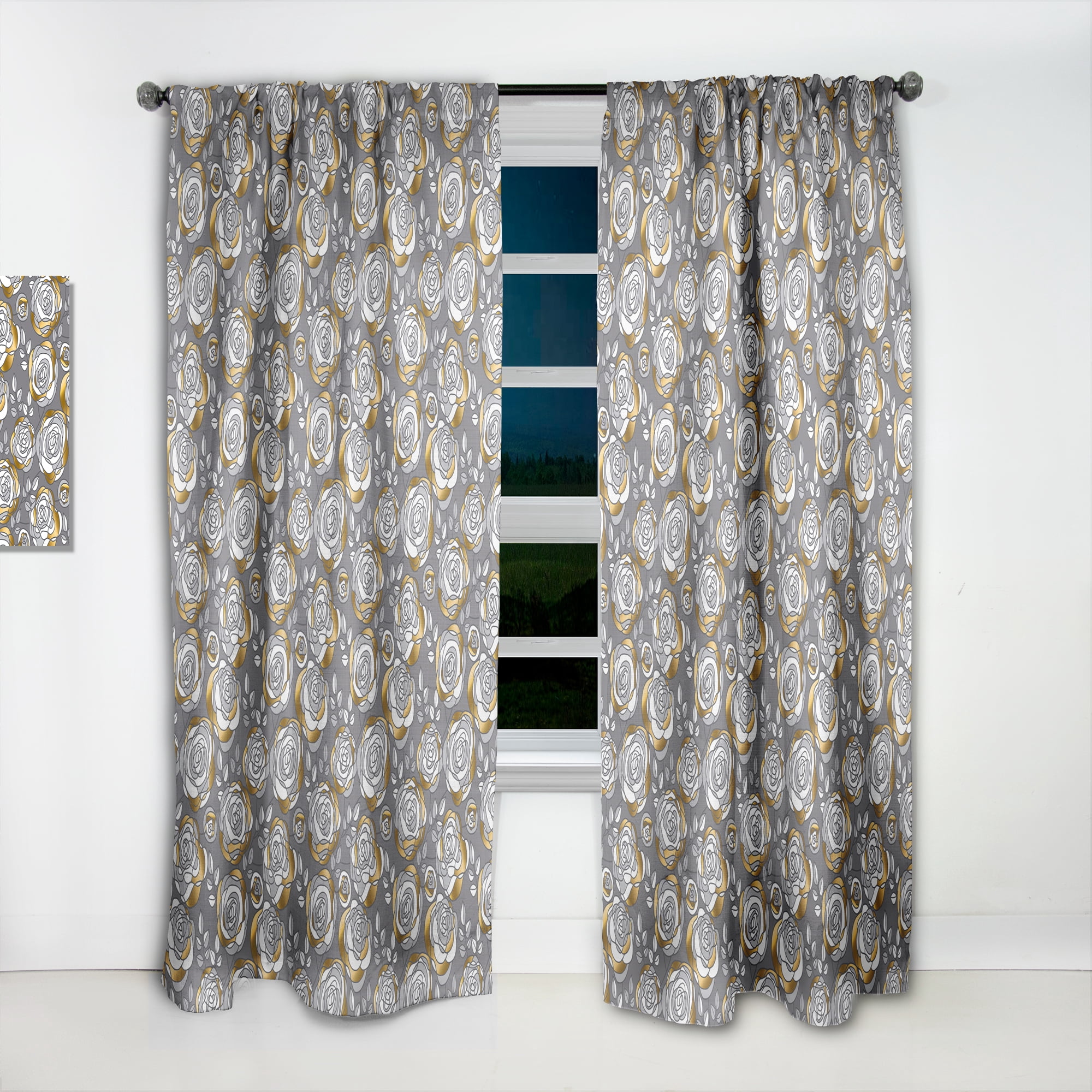 Designart 'Golden Rose Flowers On Gray' Mid-Century Modern Curtain Panel