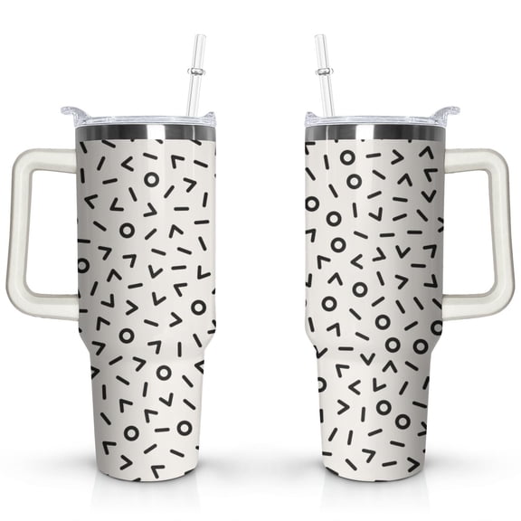 40oz Black Retro Geometric Line Shapes Stainless Steel Flip Straw Tumbler Spill Proof Travel Cup Double Wall Vacuum Insulated Coffee Mug with Top Handle