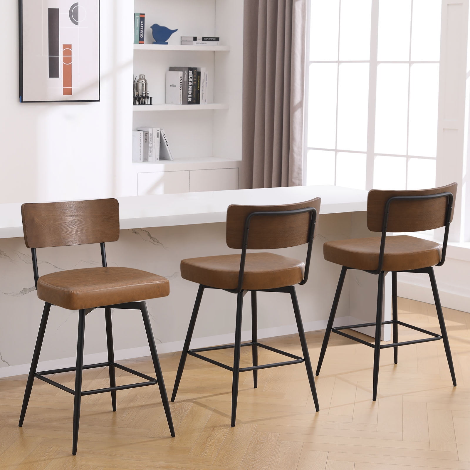 Foreate Swivel Bar Stools, 26" Counter Height Set of 2 with Wood Mid Back, Modern Mid Century Leather Bartools Upholstered Bar Chair for Kitchen Island Dining Room Office