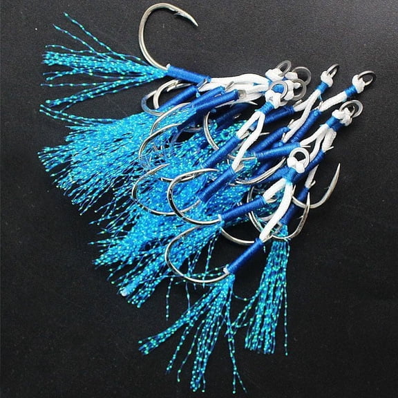 20PCS Assist Hook Solid Ring JigLure Jigging Fishjig Double Pair Barbed Assist Hooks Pesca Peche Blue Feather Fishing Jig