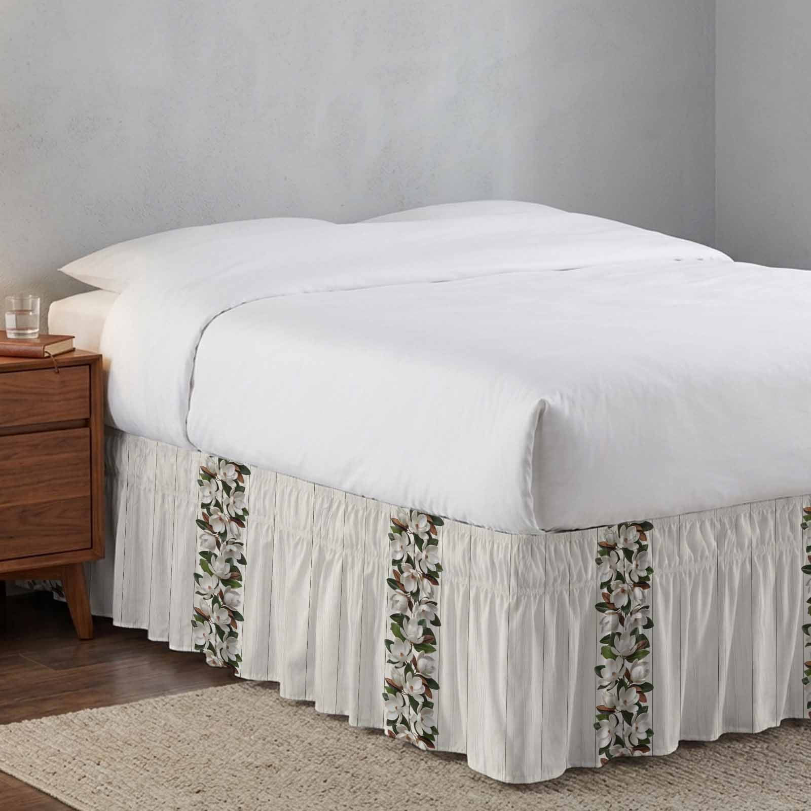 Bed Skirt Retro Magnolia Adjustable Elastic Wrap-Around Dust Ruffle with Flower Leaf Classic Beige Wood Grain Texture 16 Inch Drop, Bed Frame Cover for Queen Size Bed