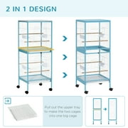 PawHut 55 2 In 1 Bird Cage Aviary Parakeet House for finches, budgies with Wheels, Slide-out Trays, Wood Perch, Food Containers, Light Blue