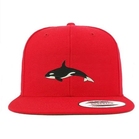 Flat Bill Baseball - Orca Killer Whale Embroidered Flat Bill Snapback Baseball Cap - Red