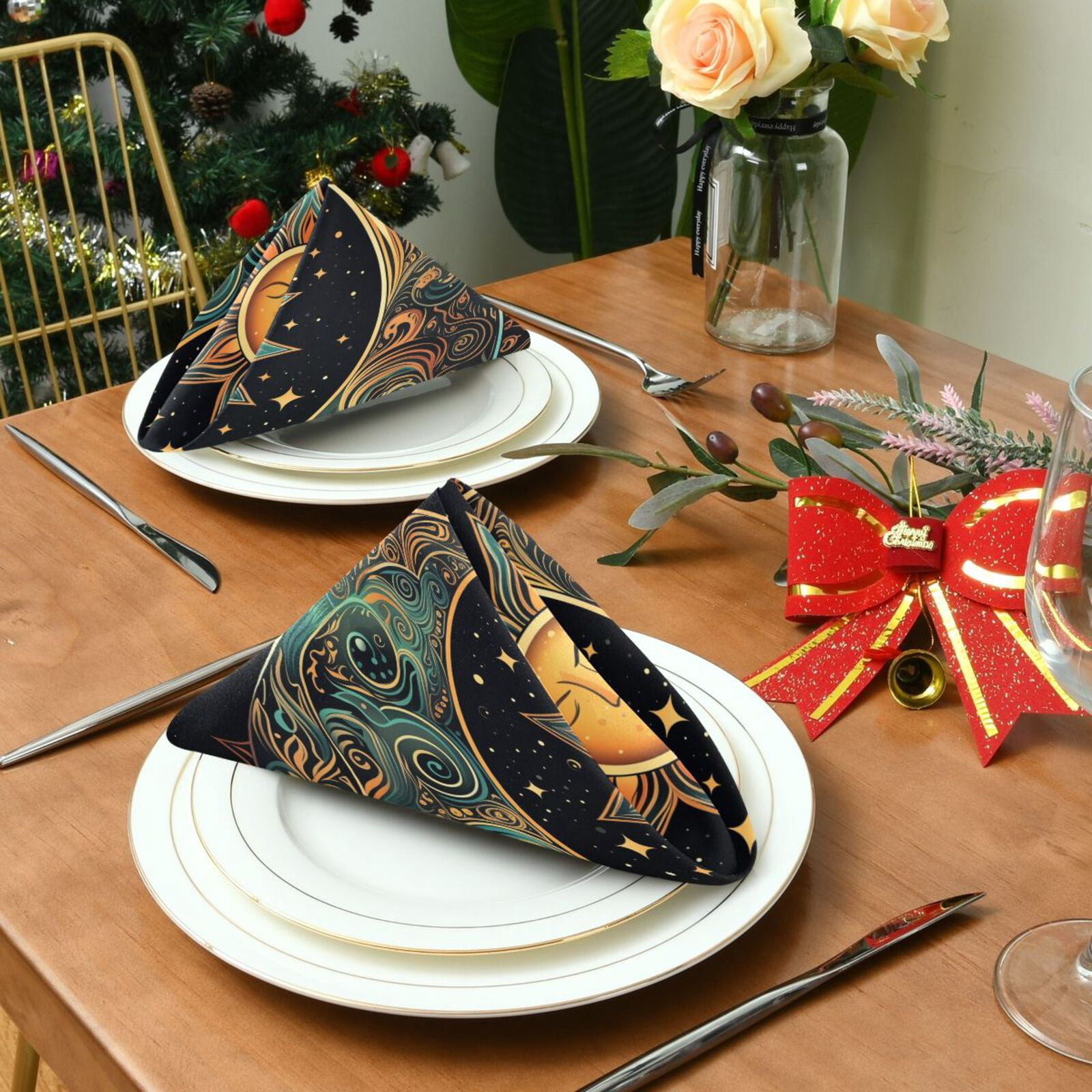 JSTEL Crescent Moon Stars Sun Cloth Napkins Set of 6, 20x20 Inch Washable and Reusable Napkin for Decoupage Dinner Party Everyday Use