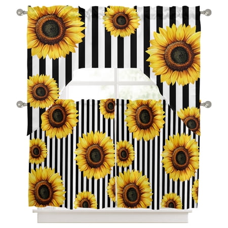 Pastoral Sunflower Swag Valance and Tier Set of 3 White Black Striped Pastoral Flower Swag Curtains Valances for Small Window Treatment Rod Pocket for Kitchen Bathroom 56x36in+27.5x24*2