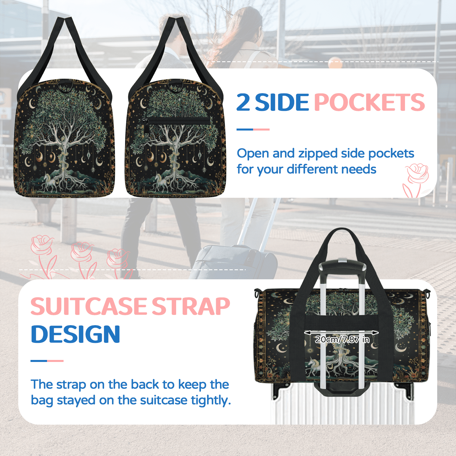 Herdesigns Forest Moon Tree Travel Duffle Bag Sports Yoga Weekender Overnight Carry on Workout Bags Lightweight Waterproof Gym Tote Bag for Women