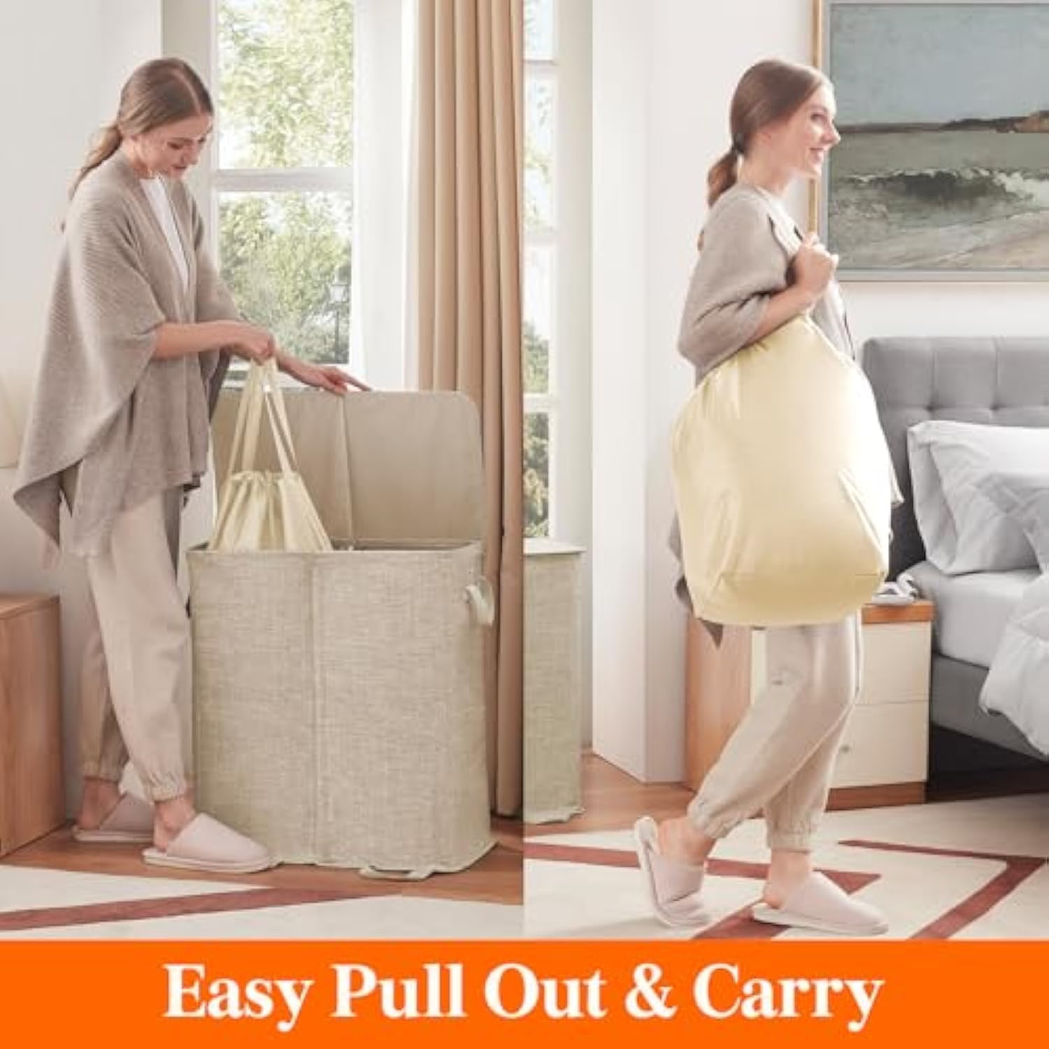 Lifewit Double Laundry Hamper with Lid and Removable Laundry Bags, Large Collapsible 2 Dividers Dirty Clothes Basket with Handles for Bedroom, Laundry Room, Closet, Bathroom, College, Beige