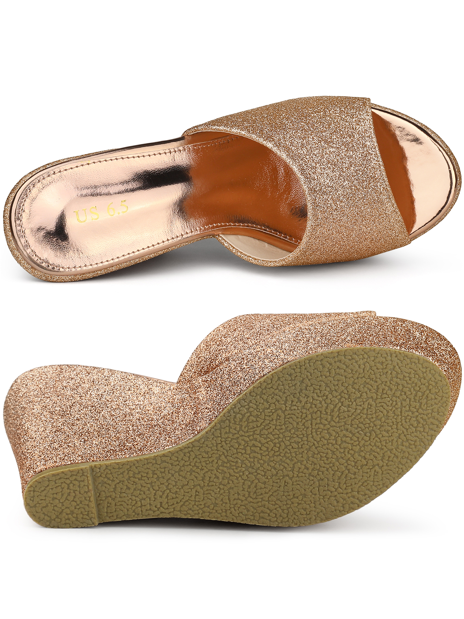 DARING DIVA Women's Glitter Platform Slip-on Wedge Heels Sandals Rose Gold 9.5