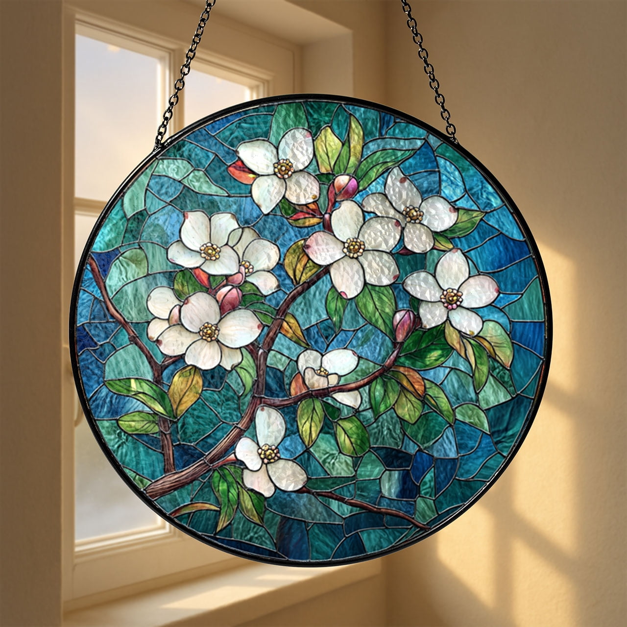 Dogwood Faux Stained Glass Panel, Botanical Window Decoration