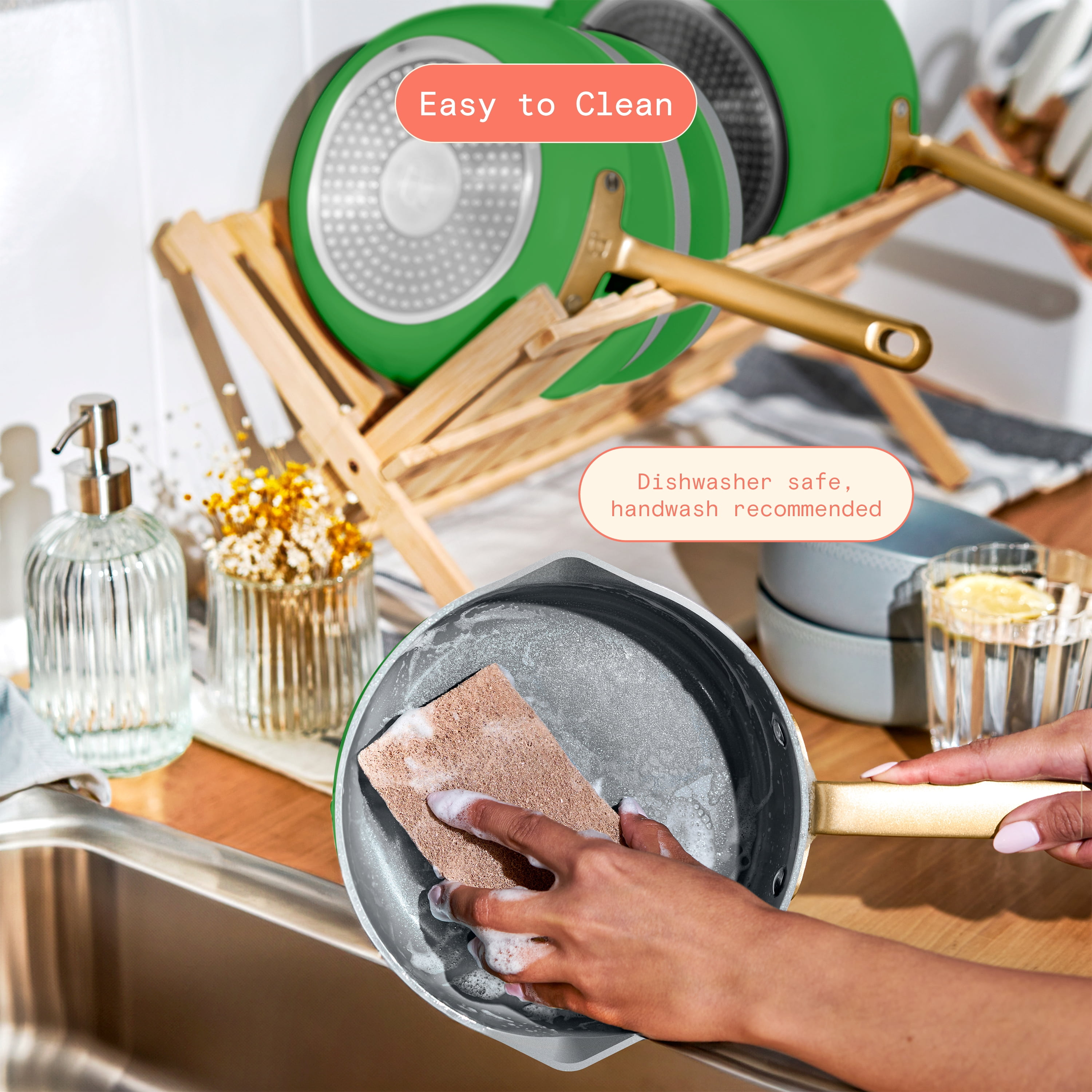 Beautiful 12pc Ceramic Non-Stick Cookware Set, Pots and Pans with Strainer Lids, Kelly Green by Drew Barrymore