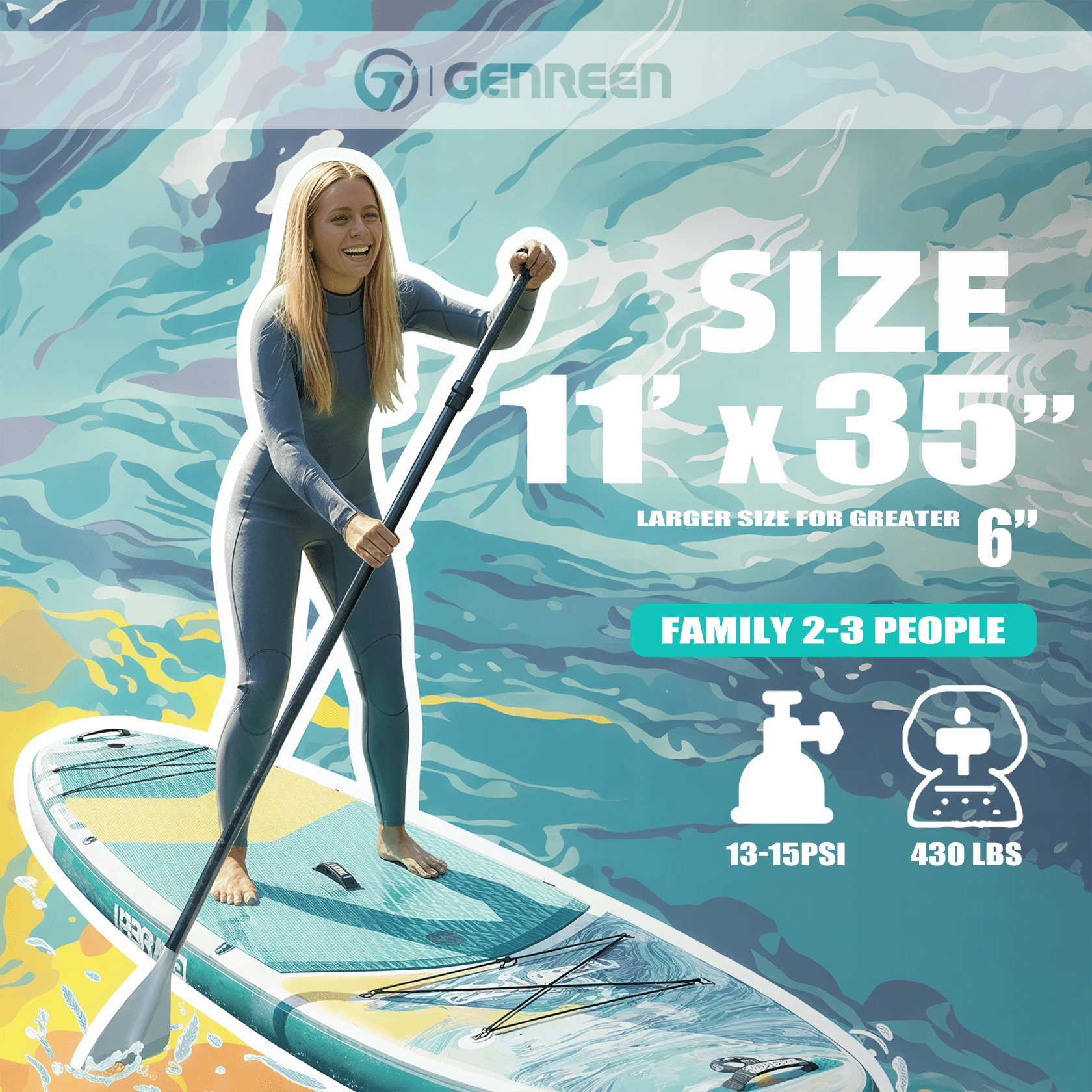 Genreen Inflatable Stand up Paddle Board with SUP Accessories, 11’ Fishing Paddle Boards for Adults & Youth of All Skill Levels