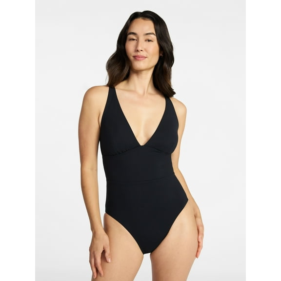 Time and Tru Women's and Women’s Plus Ribbed Plunge One-Piece Swimsuit, Sizes XS-3X