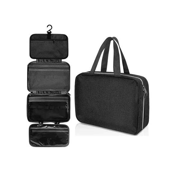 Black Hanging Travel Toiletry Bag, Detachable Cosmetic Organizer with Transparent Pockets, Waterproof Makeup Bag for Bathroom & Trip