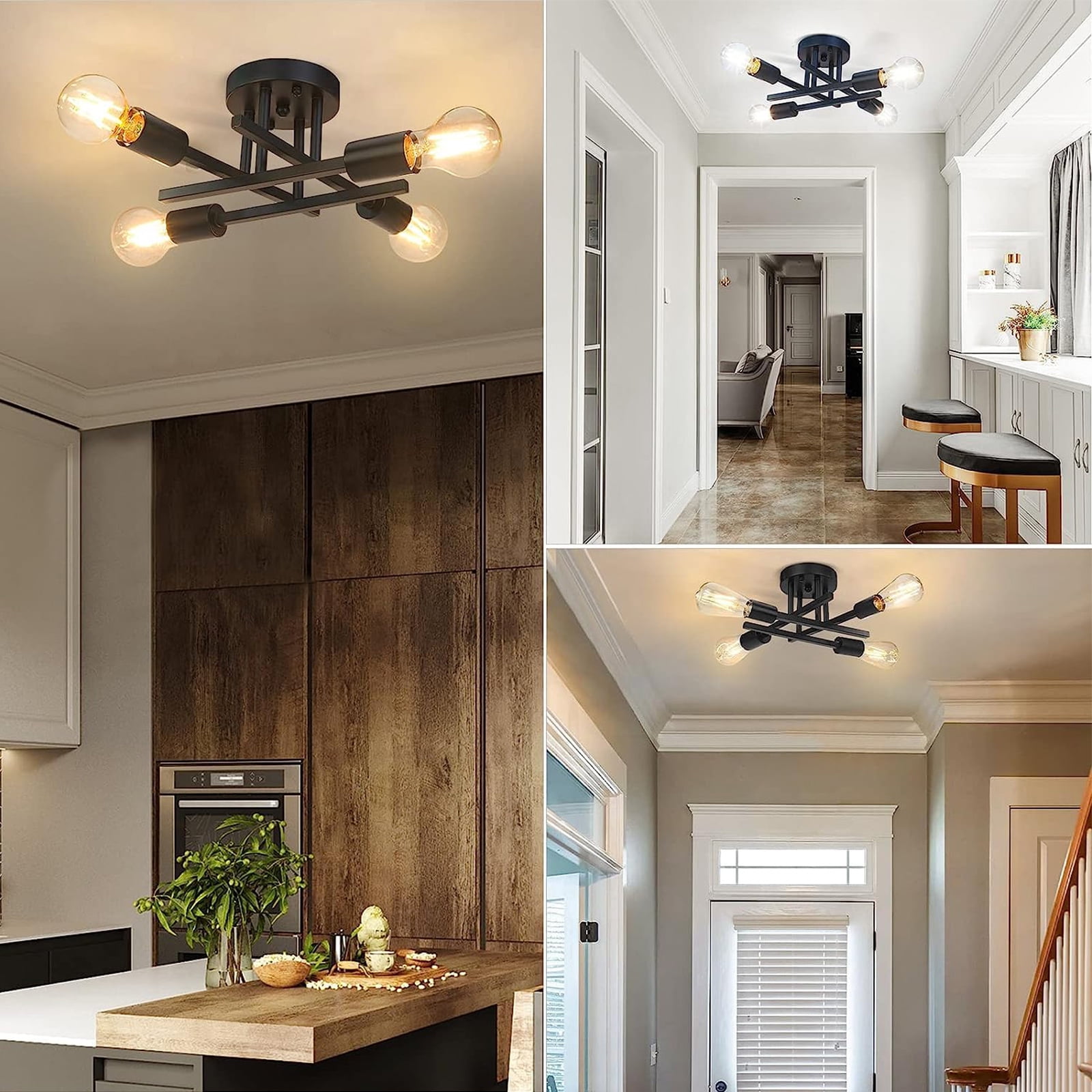 DONGPAI Flush Mount Ceiling Light 4 Light Matte Black with E27 Base Modern Chandelier for Farmhouse Kitchen Dining Room Bedroom (With Bulbs)