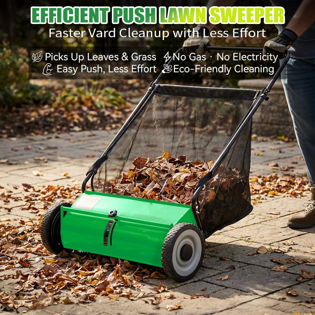 26" Push Lawn Sweeper, 7 cu.ft Large Capacity Yard Sweeper Push, Leaf Collector with Detachable Hopper, Rubber Wheels, Ergonomic Handle for Lawns, Yards & Gardens,Adjustable Height