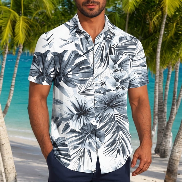 Blusa y camisa de manga corta con cuello vuelto para hombre, informal, a la moda, con estampado de bolsillo y botones, de poliéster.
