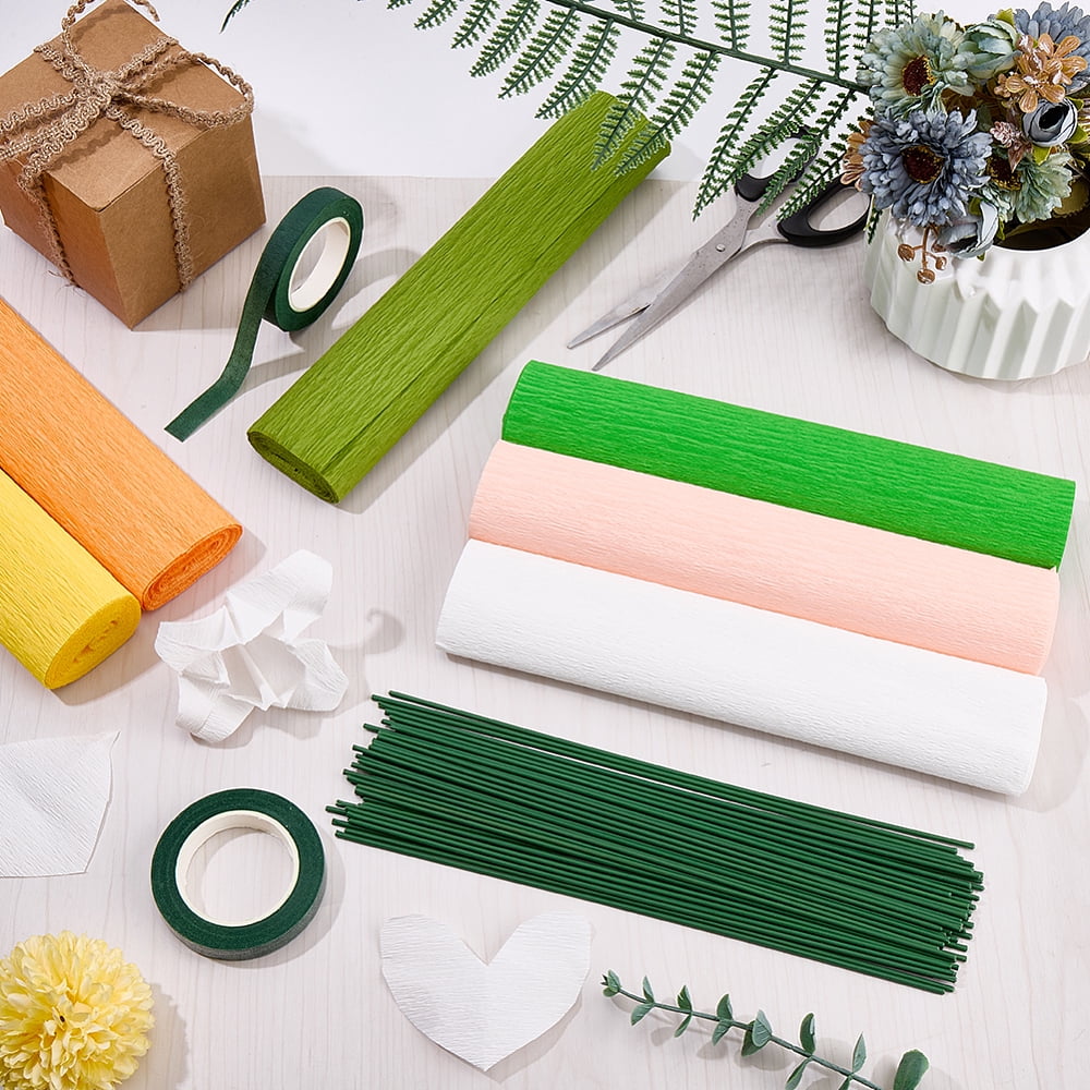 6 Rolls 6 Colors Handmade Crepe Paper with 2 Rolls Garden Grafting Paper Tape and 50Pcs Plastic with Iron Floral Stem 2500x250x0.1mm
