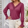 thumbnail image 6 of Ahdbta Women's Fall Blouses Fashion Lace Trim Sexy V-Neck Solid Color Tee Shirts Smocked Cuff Ruffle Long Sleeve Tunic Tops, 6 of 7