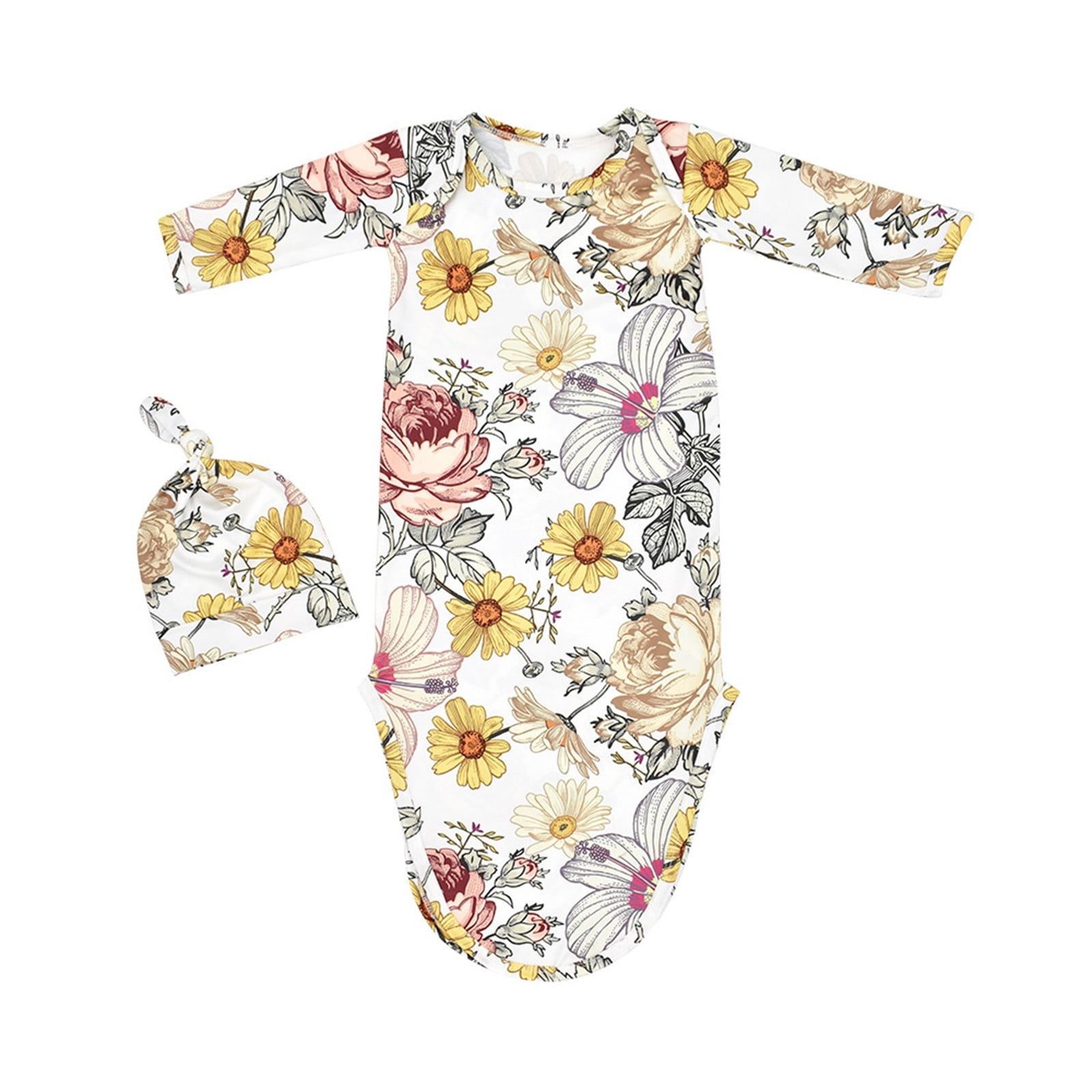 Newborn Baby Girls Floral Knotted Sleeper Gowns Long Sleeve Swaddle and Hat Set Cute Wrap Nightgown Coming Home Clothes Set 