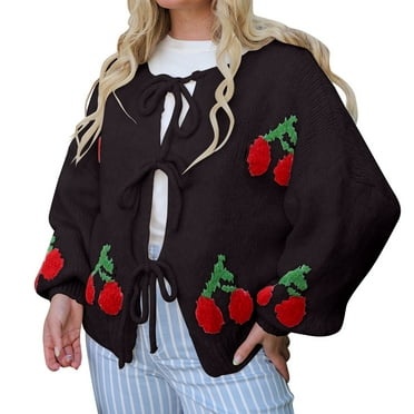 ZHENHONG Crew Cardigans Womens, Women Tie Front Cherry Cardigan Sweater Oversized Chunky Knit Long Sleeve Trendy Fall Winter Sweater CardiganCardigans for Women