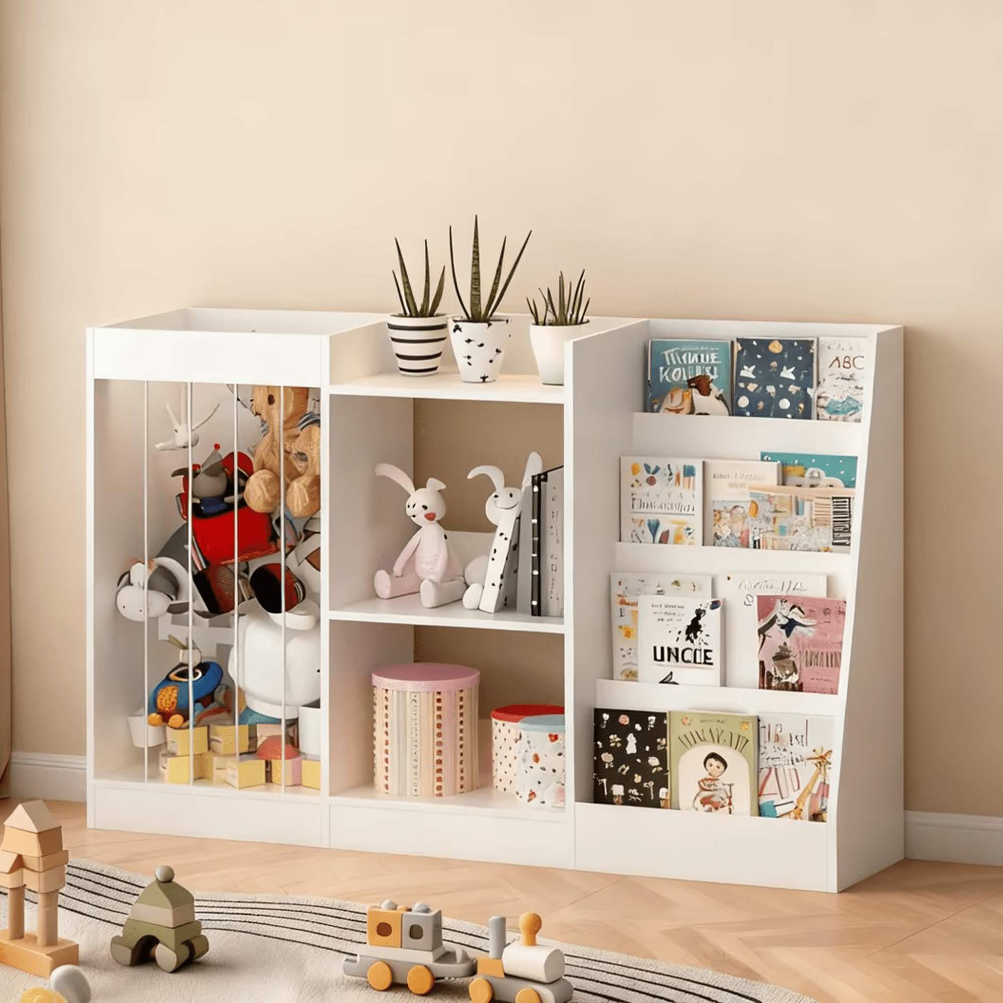 3-Tier Kids Bookshelf, Sling Montessori Bookcase with Stuffed Animal Storage, Particleboard & MDF Toddler Organizer with Anti-Tip Strap for Nursery Playroom Kindergarten