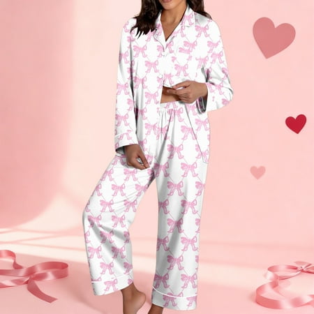 Womens Valentines Pajamas 2 Pcs Ladies Silk Pajamas Sets Valentines Printed Long Sleeve Pj Sets Women'S Lounge Sets Valentine Gifts For Women