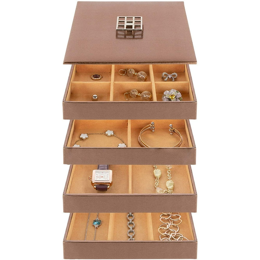 Stackable Jewelry Organizer Storage Trays and Lid 4 Faux Leather