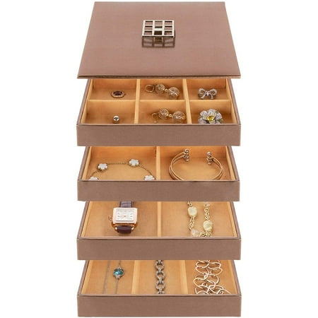 Stackable Jewelry Organizer Storage Trays and Lid - 4 Faux Leather Trays by Stock Your Home