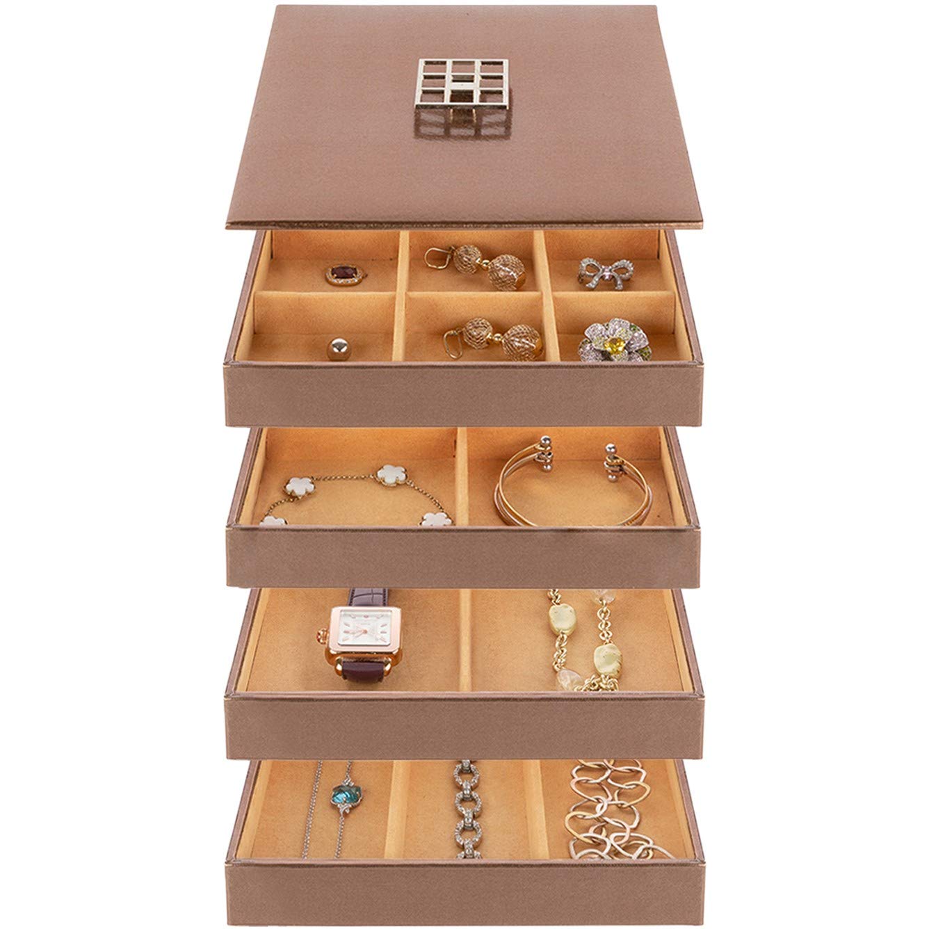 Stackable Jewelry Organizer Storage Trays and Lid - 4 Faux Leather 