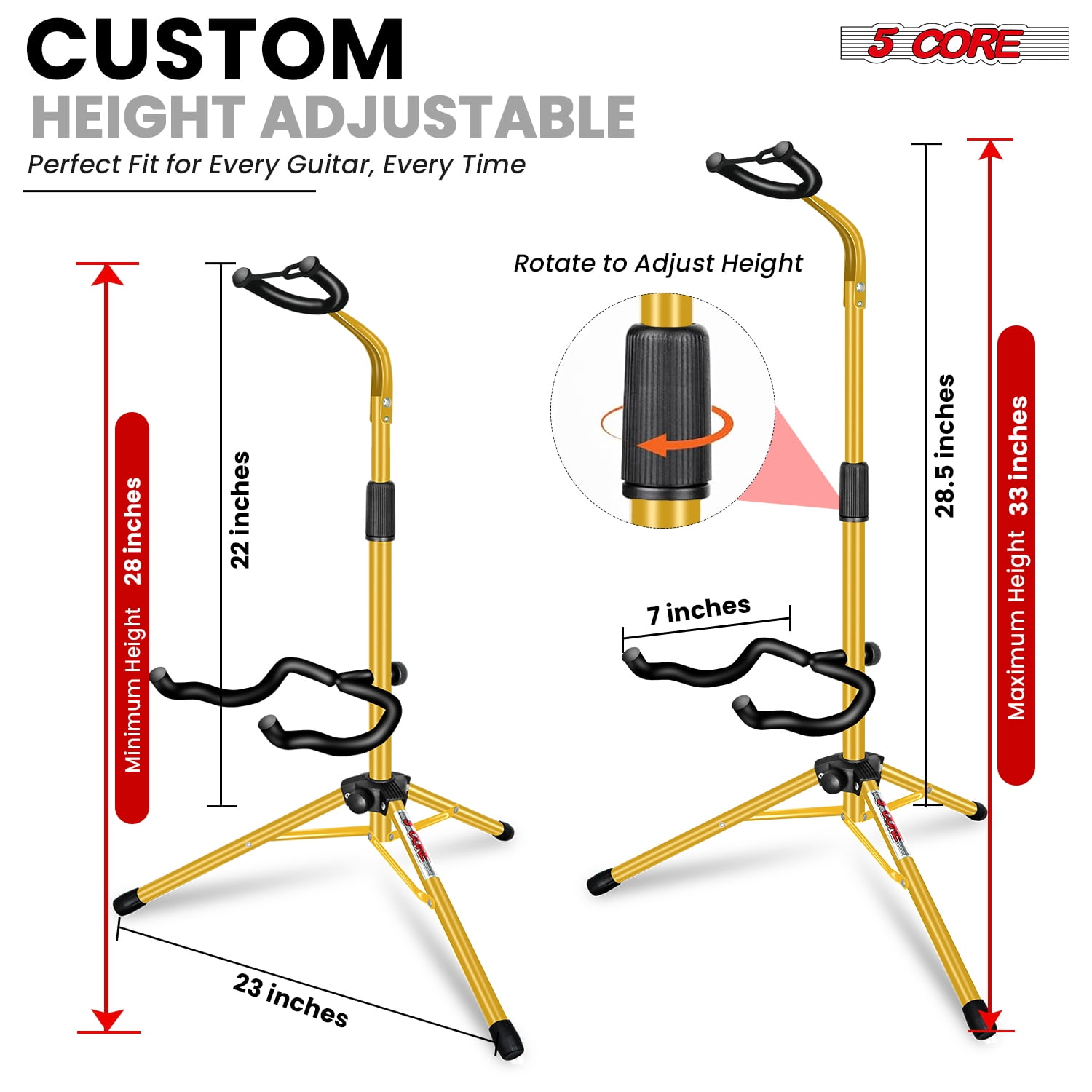 5 Core Guitar Stand Floor Adjustable 2pcs Heavy Duty w Neck Holder Universal Supports for Acoustic Electric Classic Bass Instrument Folding Portable Yellow - GSH HD YLW 2pcs