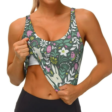 Qokaie Retro Bunny Floral Pattern Womens Scoop Neck Sports Bra Breathable Workout Vest Padded U Back Medium Impact Fitness Gym Yoga Bra Workout Crop Top