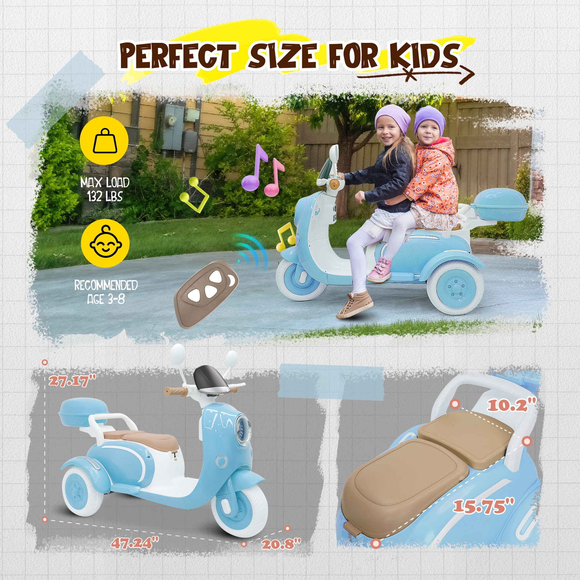 Letsgokid 2 Seater Electric Motorcycle, 12V Ride On Motorcycle with USB, Music, Bluetooth, Light, Big Storage Box, Motorcycle for Kids 3+