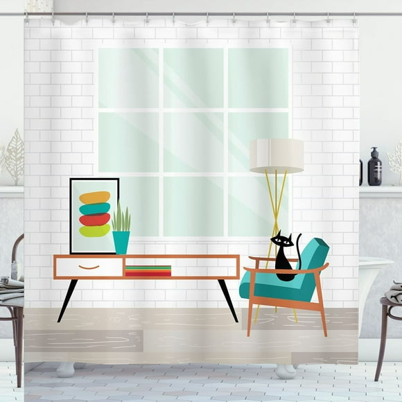 Retro Chic Cat Shower Curtain - Mid Century Modern Bathroom Decor, Cozy Room Scene with Stylish Furniture, 69 W x 70 L, White and Multicolor Fabric Set with Hooks