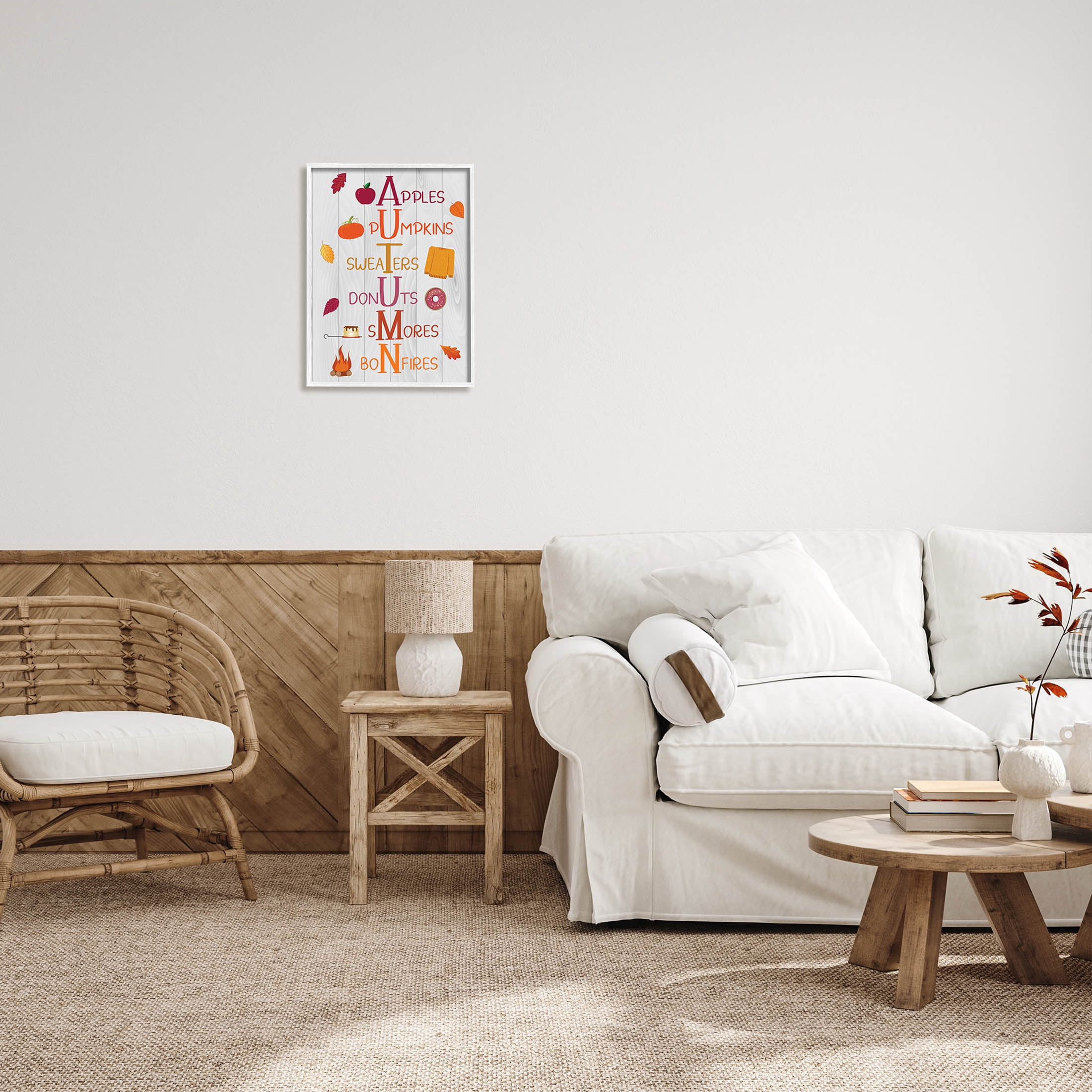 Autumn Letters Seasonal Words Holiday Graphic Art White Framed Art Print Wall Art