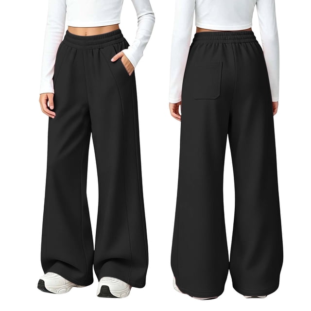 Pantalones deportivos de felpa para niños y niñas, cintura elástica, bolsillos laterales, puños ajustables, pernera ancha, color liso, de 5 a 15 años.