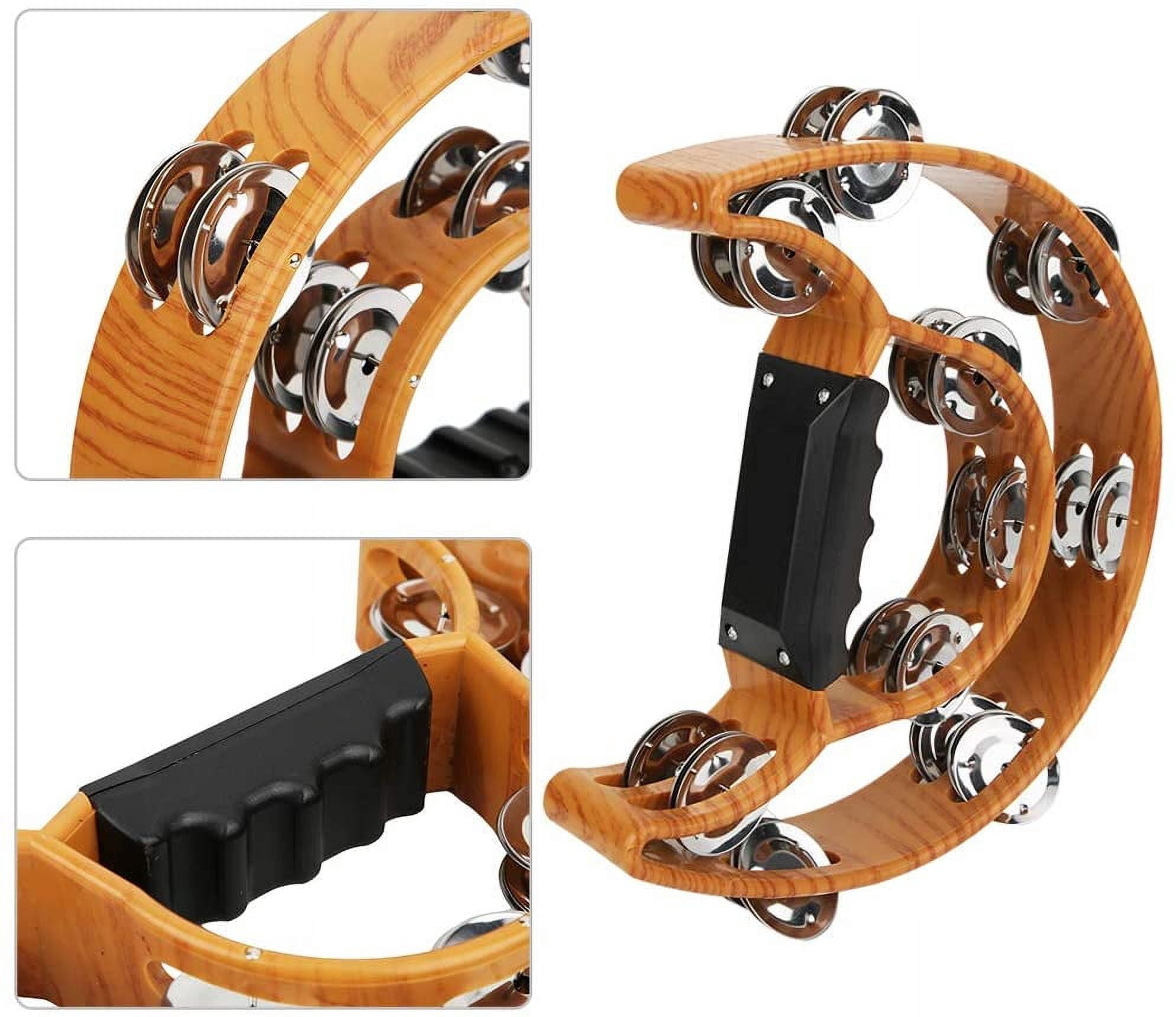 CATPAN Sturdy Wooden-Style Tambourine with Double Row Jingles & Comfort Grip - Percussion Instrument
