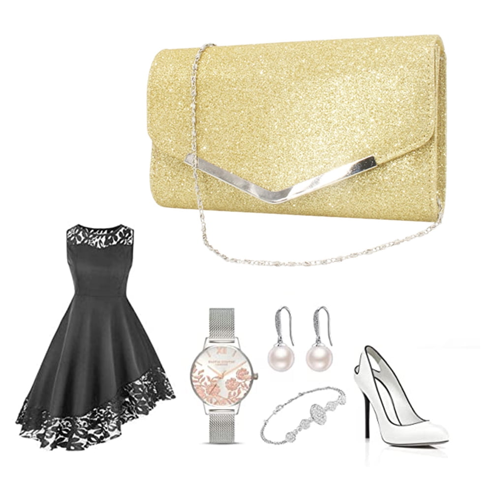 Women's Elegant Evening Clutch Envelope Prom Handbag Wedding Purse,Gold