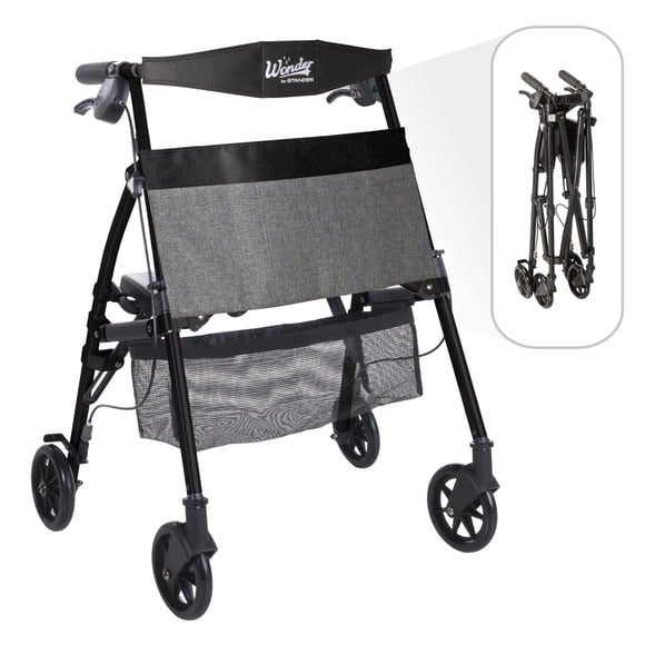 Andador plegable Stander Wonder Plus, ligero y corto, para jóvenes, para adultos mayores y niños. Travel EZ Fold-N-Go, pequeño andador con ruedas y asiento, negro mate.