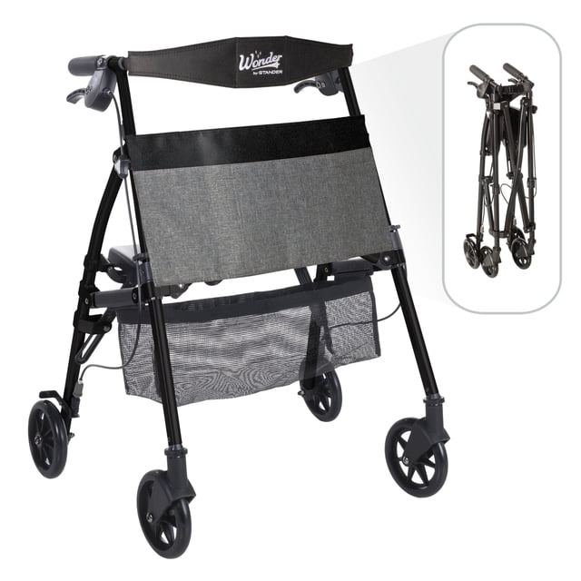 Andador plegable Stander Wonder Plus, ligero y corto, para jóvenes, para adultos mayores y niños. Travel EZ Fold-N-Go, pequeño andador con ruedas y asiento, negro mate.