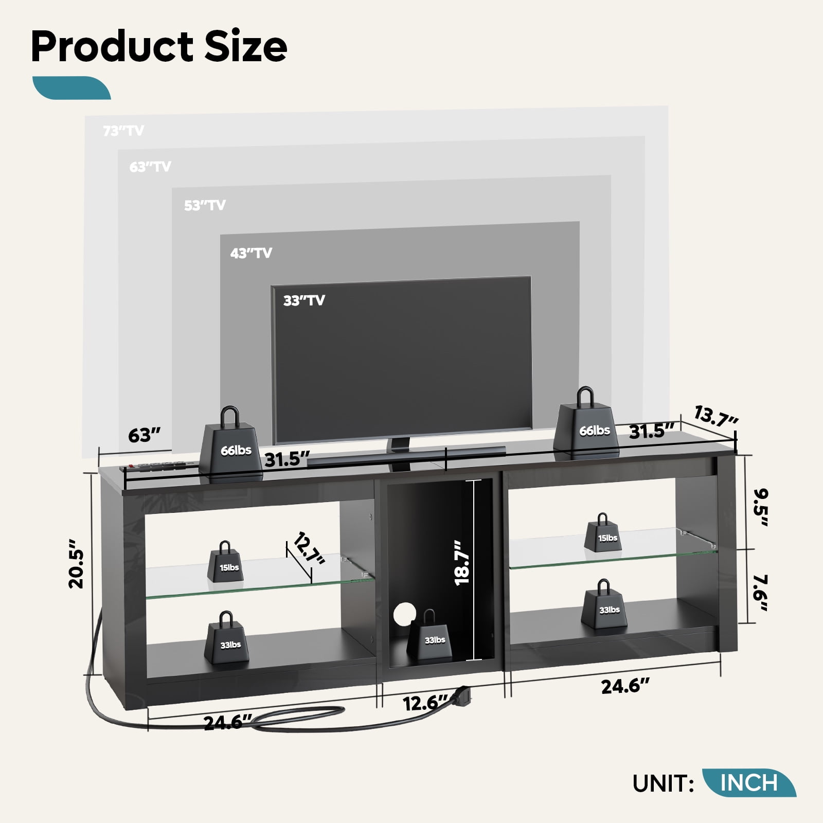 Bestier TV Stand for 70 inch TV with Power Outlets, High Gloss Entertainment Center with LED Lights & Glass Shelves, Glossy Black