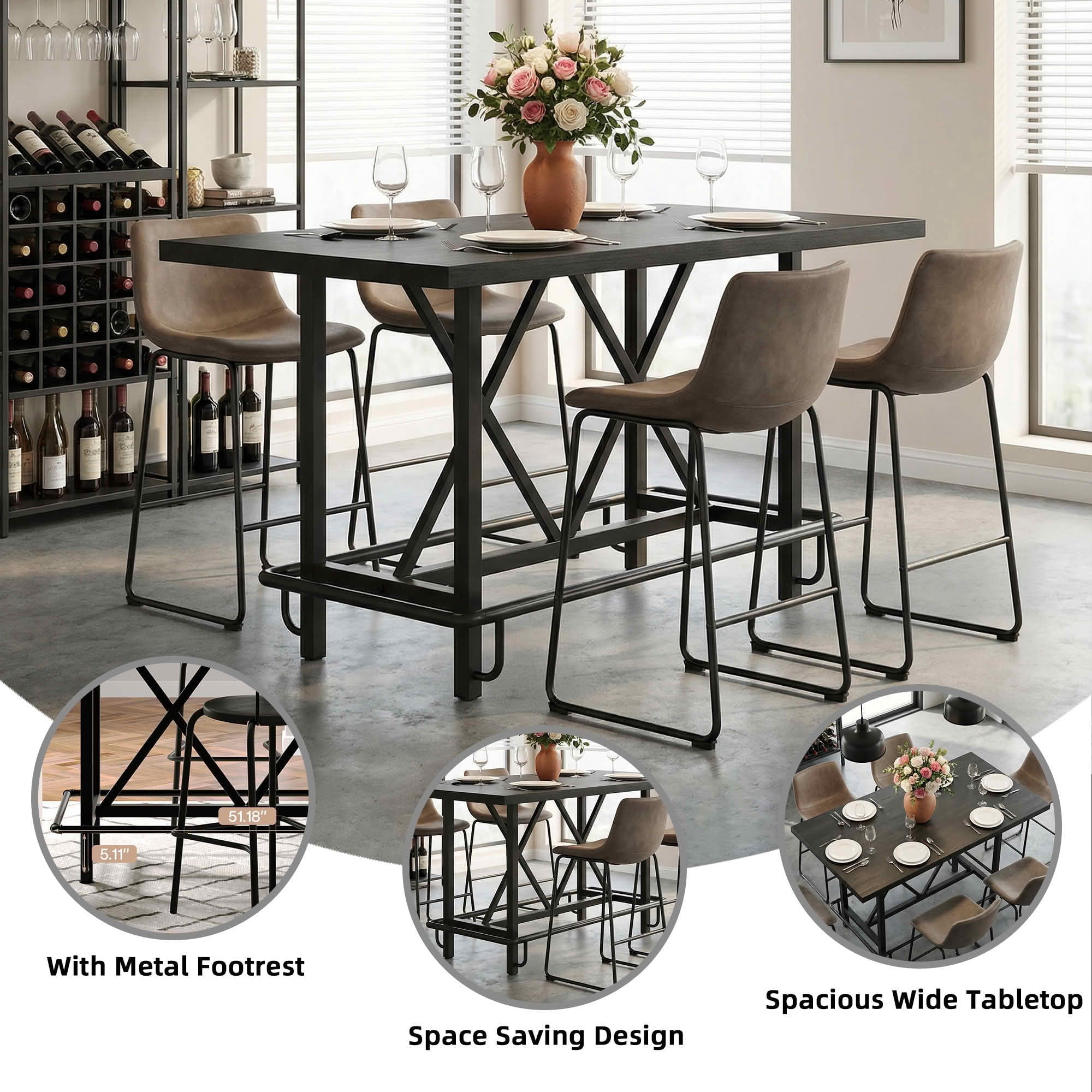 MAYEERTY 63" Farmhouse Counter Height Bar Table, Rectangular Multiuse Kitchen Dining & Work Table, Easy Assembly