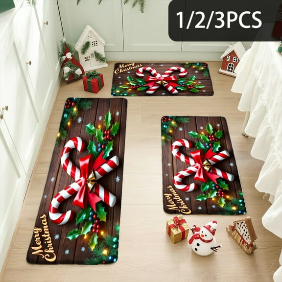 3PCS Kitchen Mat set, Welcome Door Flannel Rug,Home Decor for Front Door,Kitchen, Bathroom, Christmas Candy Cane On Wood ,Great Christmas Housewarming gift for Family and Friends.