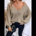 thumbnail image 4 of Suéter de Cuello en V con Hombros Descubiertos para Mujer, Camisa Ajustada de Larga, Suéter con Lazo en la Espalda Beige M, 4 of 9