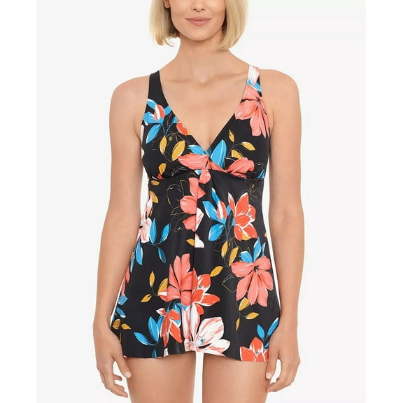 Swim Solutions FLORAL PARK BLACK MULTI Tummy-Control Swimdress, US 10