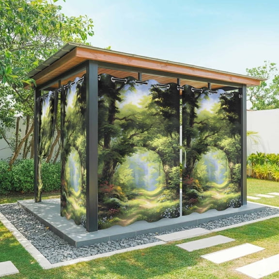 Outdoor Curtains for Patio Waterproof, Forest Outdoor Privacy Panels Grommet, Nature Woodland Spring Scenic Green Trees Flower Blackout Outside Curtains for Porch/Cabana 54"x84", 1 Panel