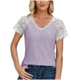 thumbnail image 2 of ylioge Womens Tops Lace Splice Eyelet Crochet Short Sleeve Shirts Ladies Trendy Hollow Out V Neck Breathable Color Block Tees Top, 2 of 8
