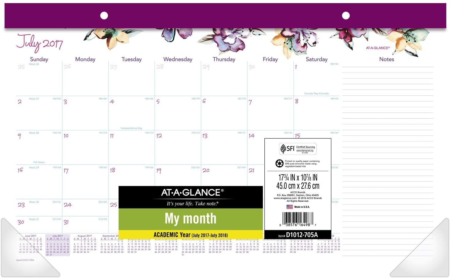 ATAGLANCE Academic Desk Pad Calendar, July 2017 July 2018, 173/4" x 107/8", Compact, June