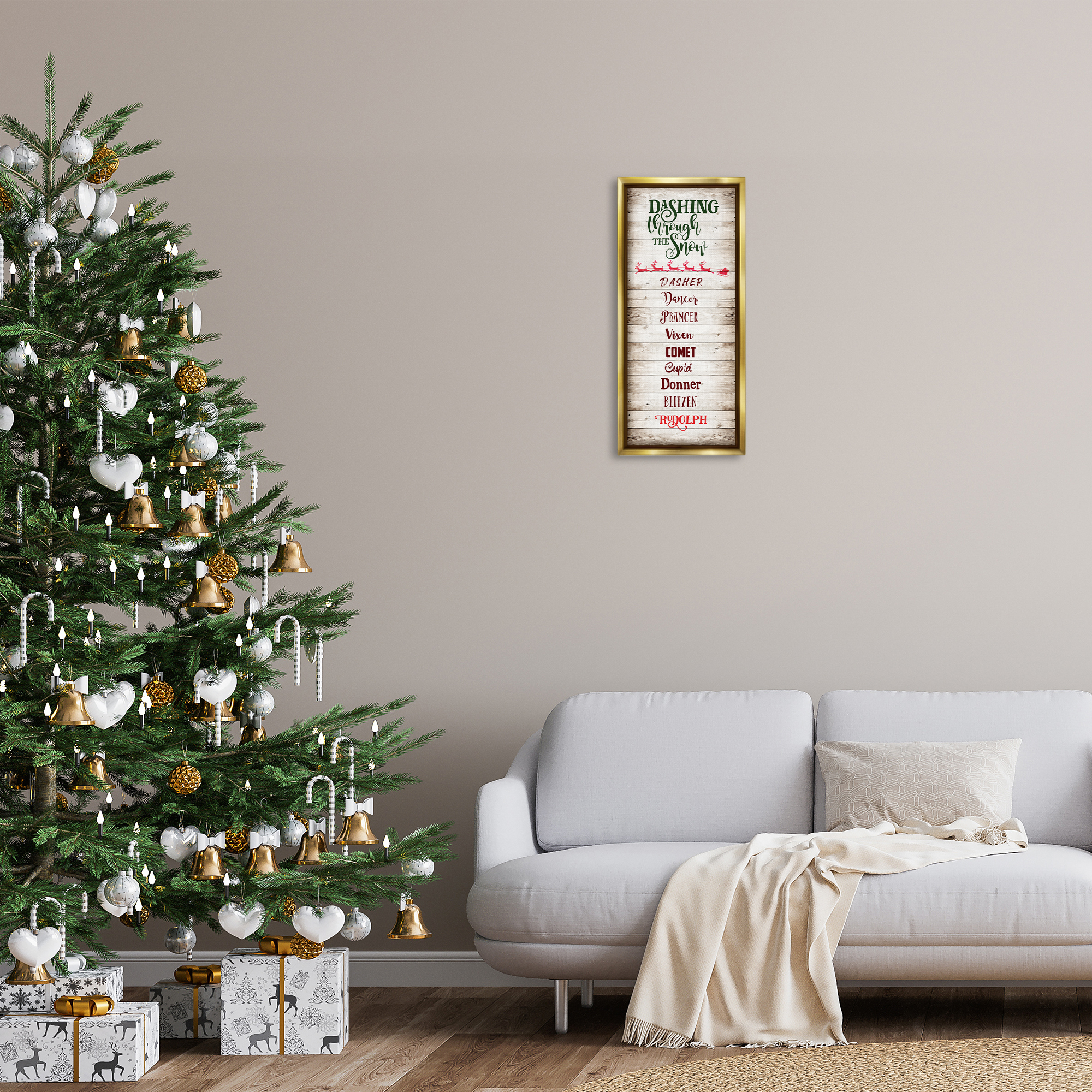Stupell Industries Rustic Santa's Reindeer Holiday Painting Gold Floater Framed Canvas Art Prints Wall Art, 11 x 25