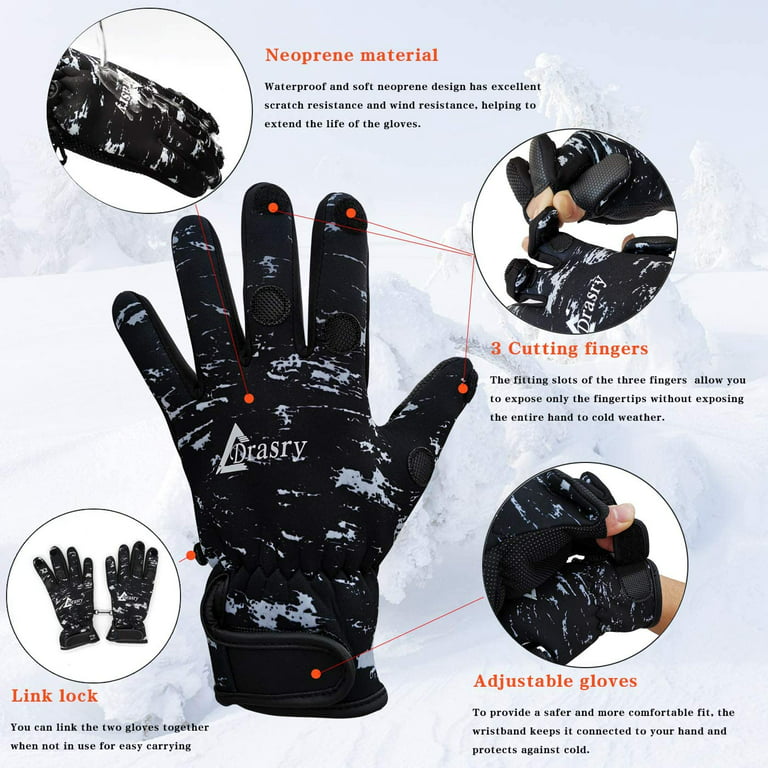 Drasry Neoprene Gloves Touchscreen 3 Cut Fingers Warm Cold Man Woman Winter  Fishing Glove Black S 
